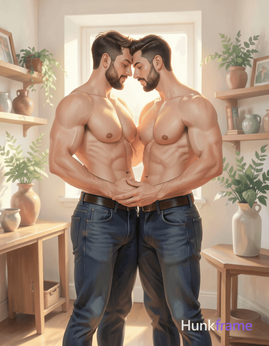 digital painting of a romantic gay couple, full body crop with both men standing and embracing, bare
