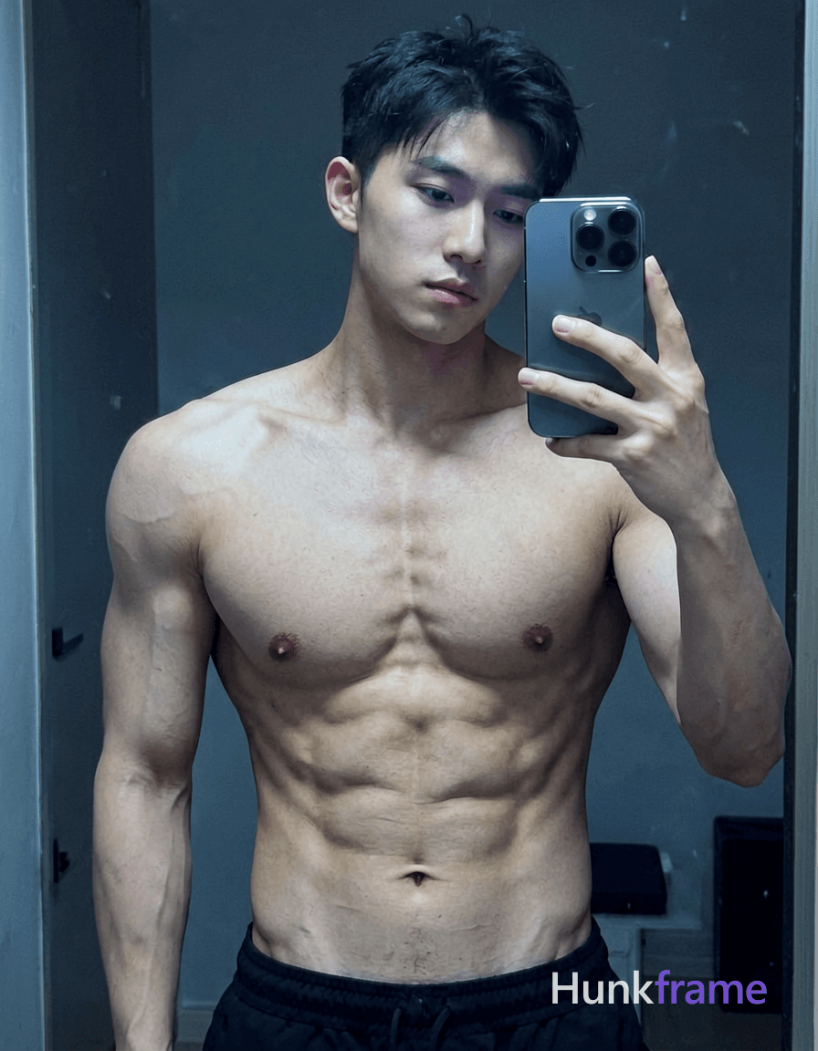 A handsome masculine man standing with a slight lean forward, shirtless, with defined abs and broad 