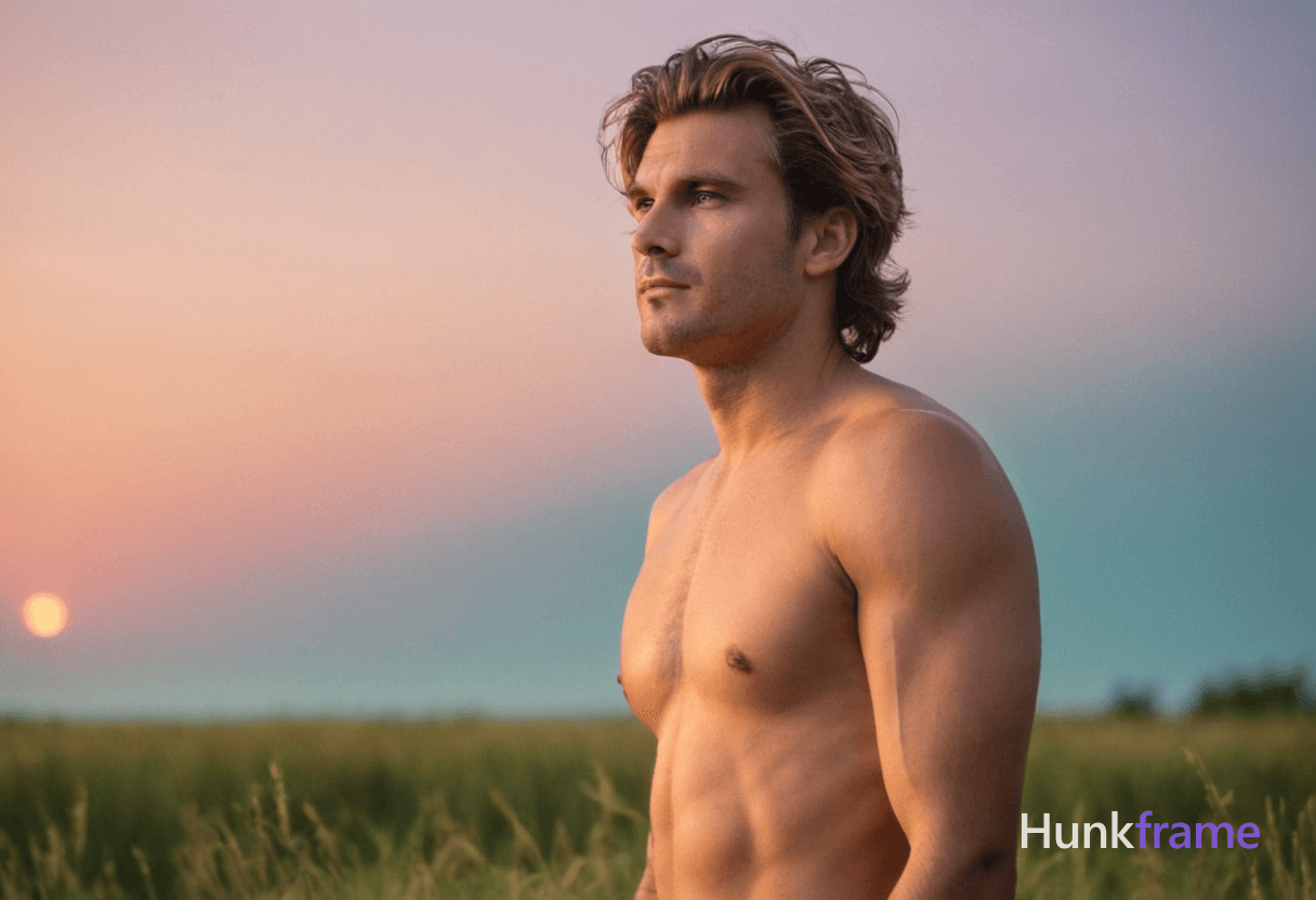 A bare-chested man with tousled hair standing in a grassy field at dusk, his body illuminated by the