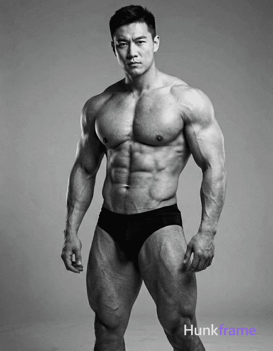 A black and white photorealistic portrait of a muscular male standing with his torso slightly turned