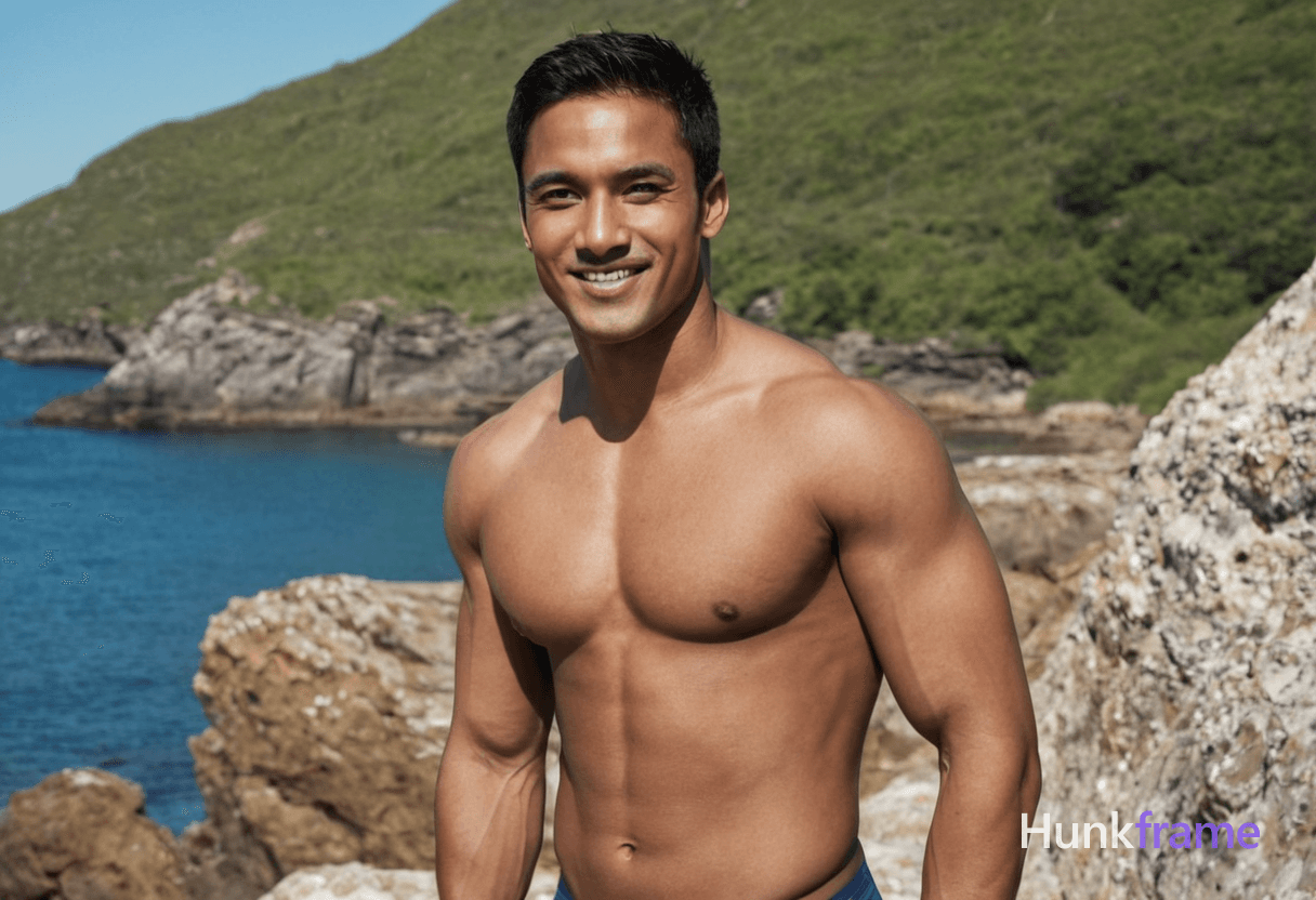 A an anonymous figure man with medium brown skin and thick brows stands on a rocky shoreline during 