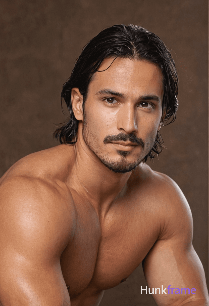 Photorealistic photograph of a shirtless man with wet hair and broad shoulders, seated with his head