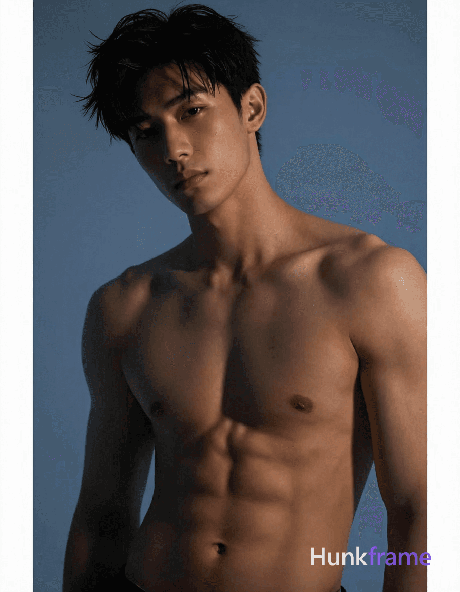 A handsome masculine male standing with his head slightly tilted to the side, shirtless and showcasi