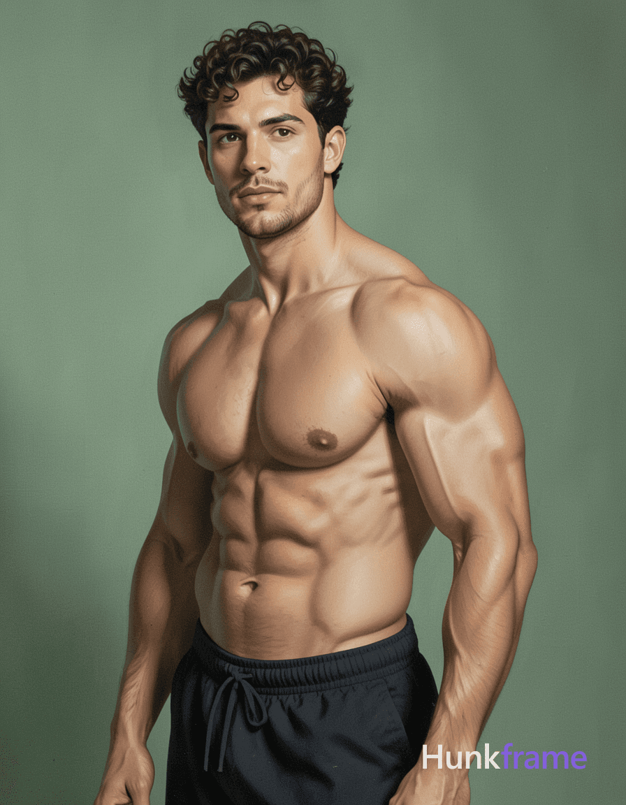 A digital painting of a shirtless man with a muscular torso leaning slightly to the side. He has bro