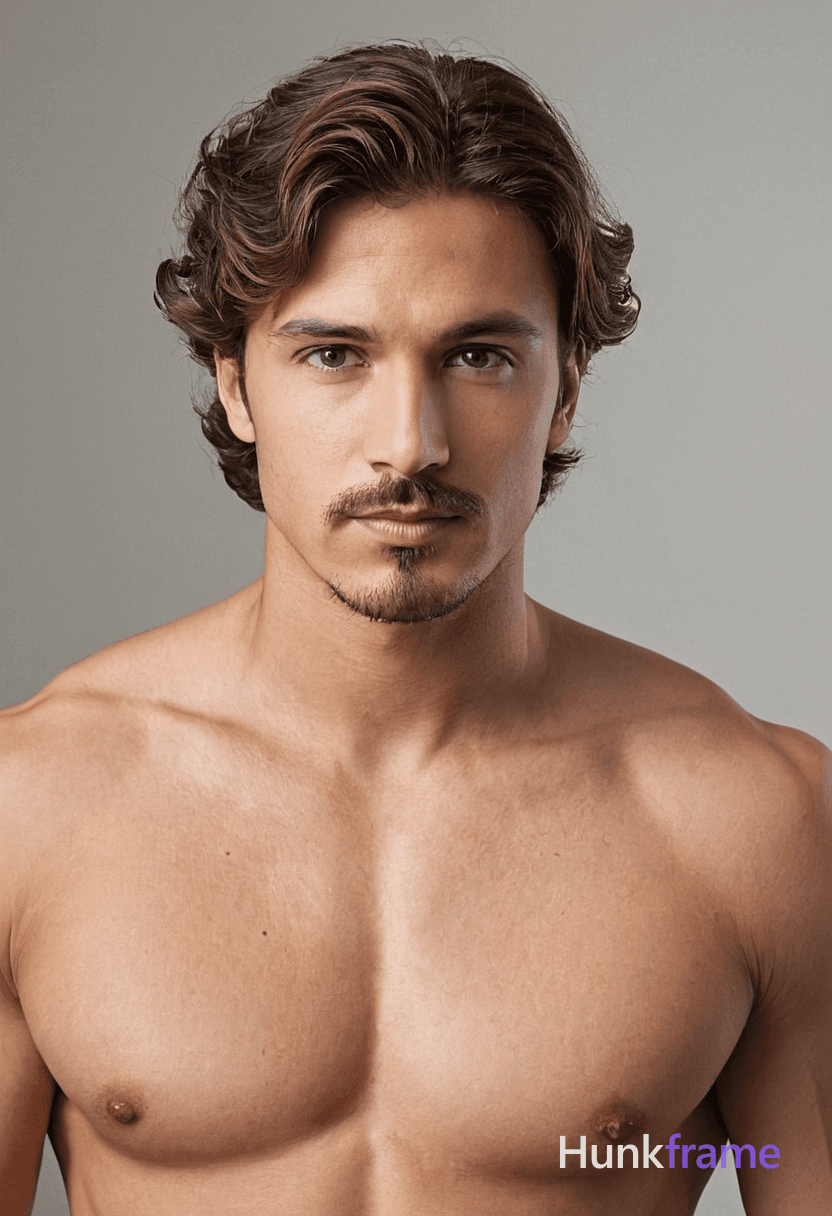 digital painting of a handsome male with long wavy brown hair and side-swept bangs, green eyes, must