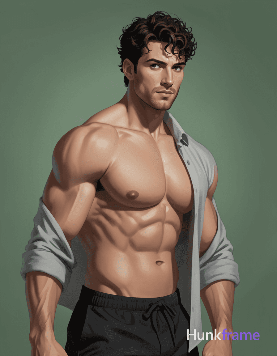 A digital painting of a shirtless man with a muscular torso leaning slightly to the side. He has bro