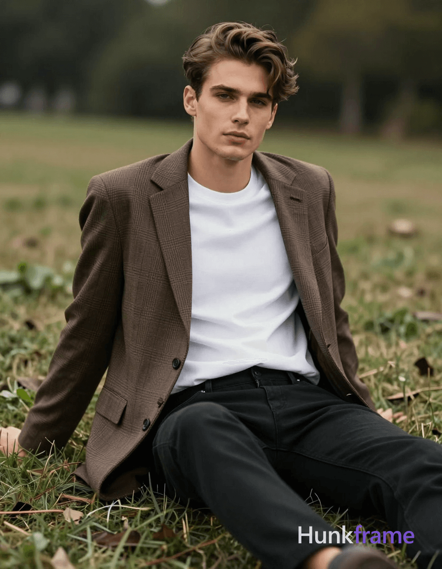 A handsome Caucasian man with fair skin and brown hair styled upward sits on a grassy field, legs ex