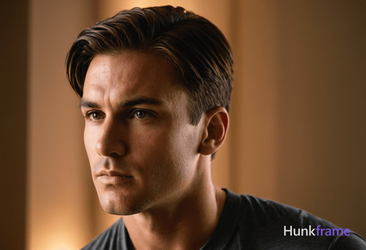 A handsome male model posing in a dimly lit studio with natural window light filtering through, high