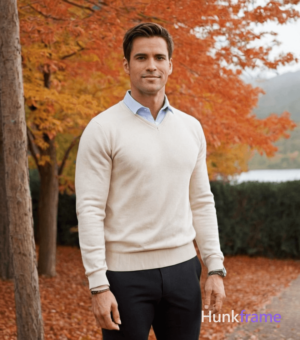 a handsome masculine man standing straight with his head slightly tilted forward, wearing a black sw