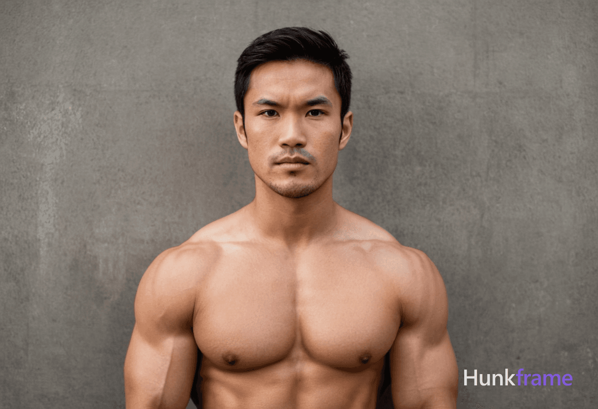 A handsome Asian man with short black hair, brown eyes, and a serious expression stands confidently 