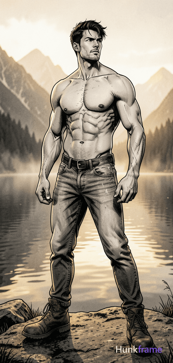 full body standing pose, sharp inked linework screentone shading dynamic action stance handsome masc