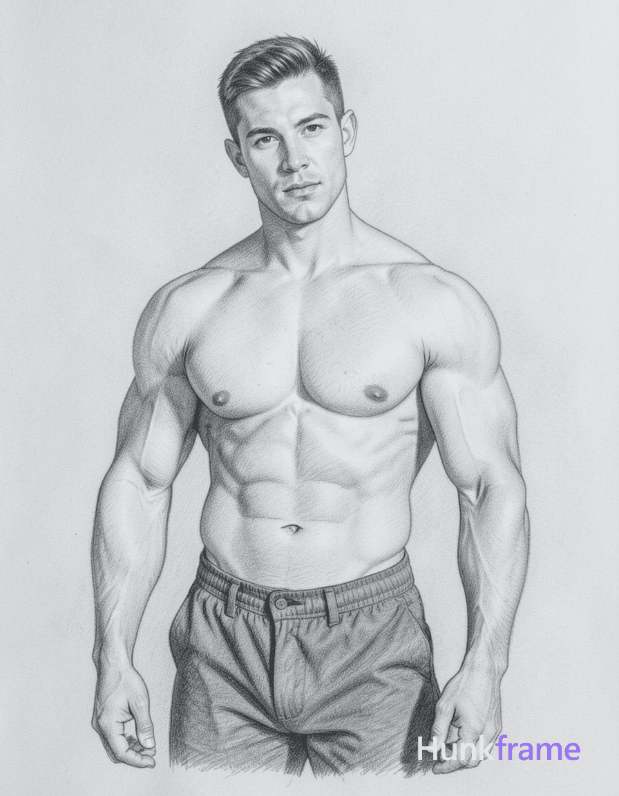 A pencil sketch of a shirtless man with short hair, head slightly tilted to the side, looking direct