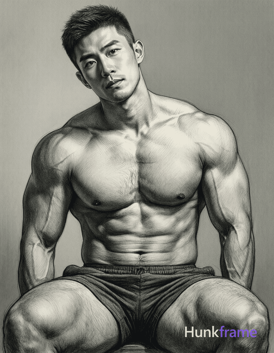 A pencil sketch of a shirtless man with short hair, head slightly tilted to the side, looking direct