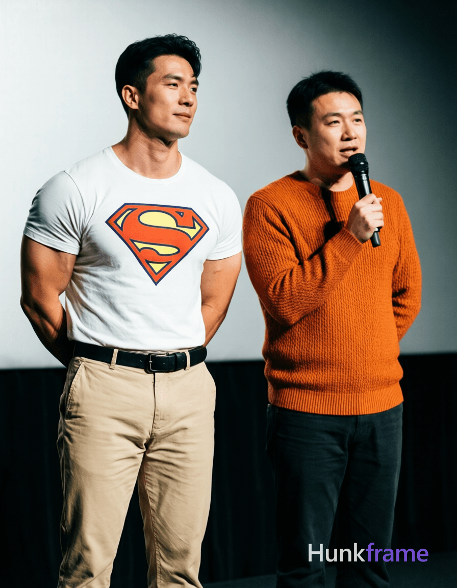 A handsome Asian male model standing straight with hands behind his back. He is dressed in a white t