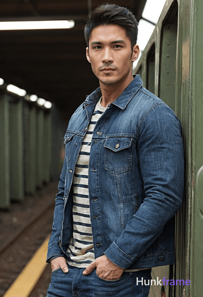 Photoreal photograph of a handsome masculine man standing with hands in pockets and slightly leaning