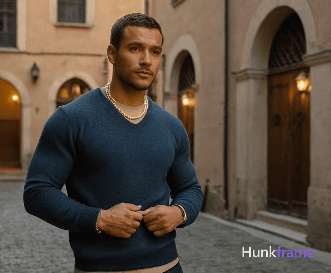 A Slavic man with pale skin and ash blond stubble stands in a dimly lit, cobblestone courtyard of an