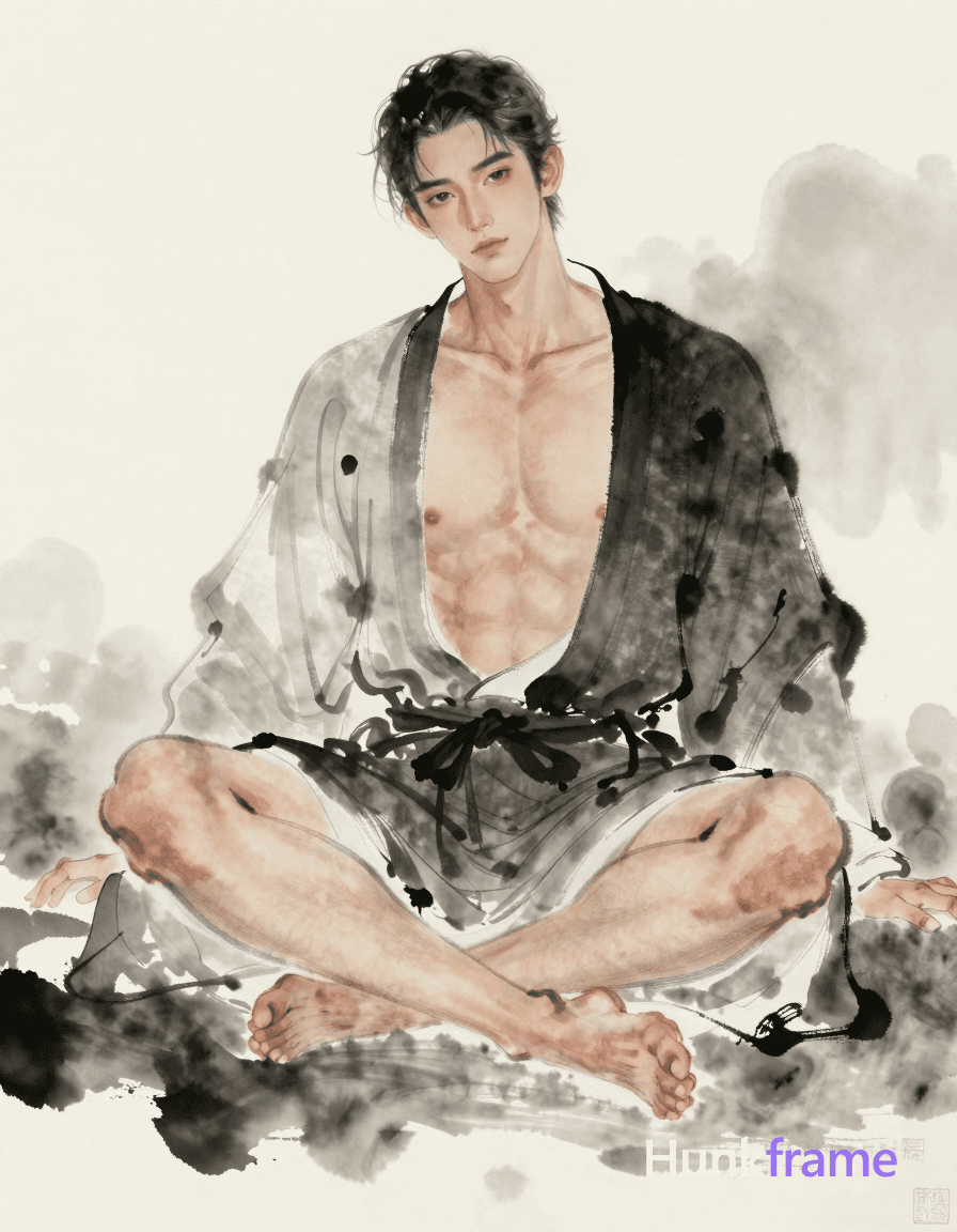 A handsome masculine man seated in an ink wash painting style, with a full body crop and shirtless. 