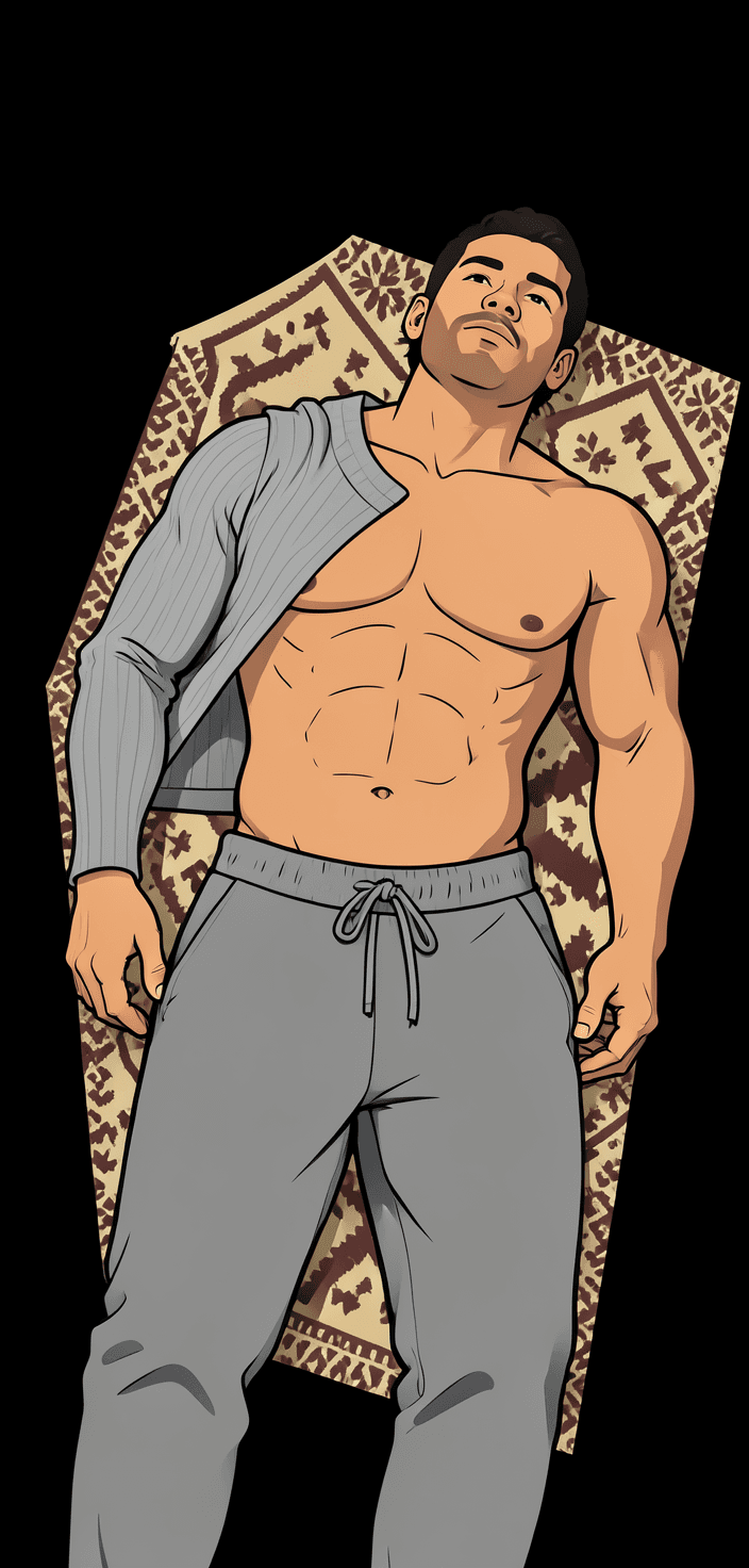 A handsome adult man lies supine on a dark patterned gym mat, torso exposed upward with arms ben