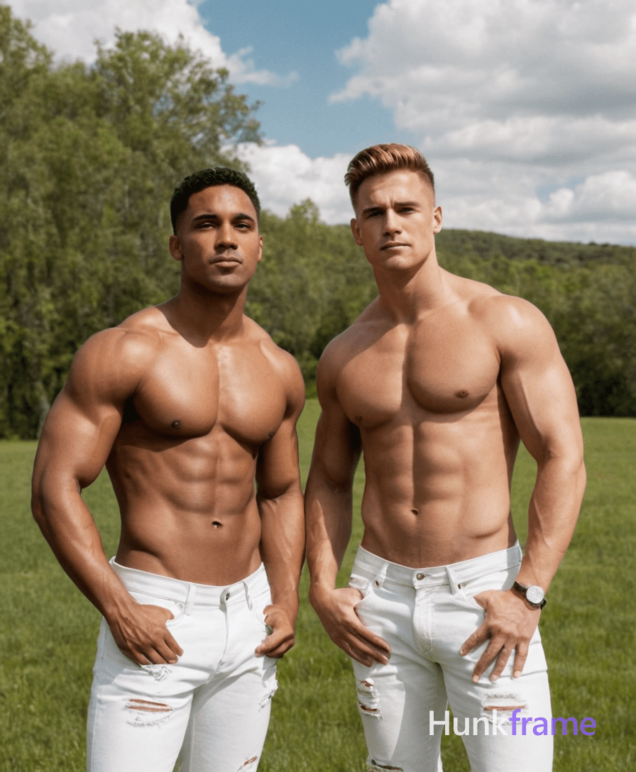 Two muscular men standing side by side in a full-body crop with soft natural lighting and warm tones