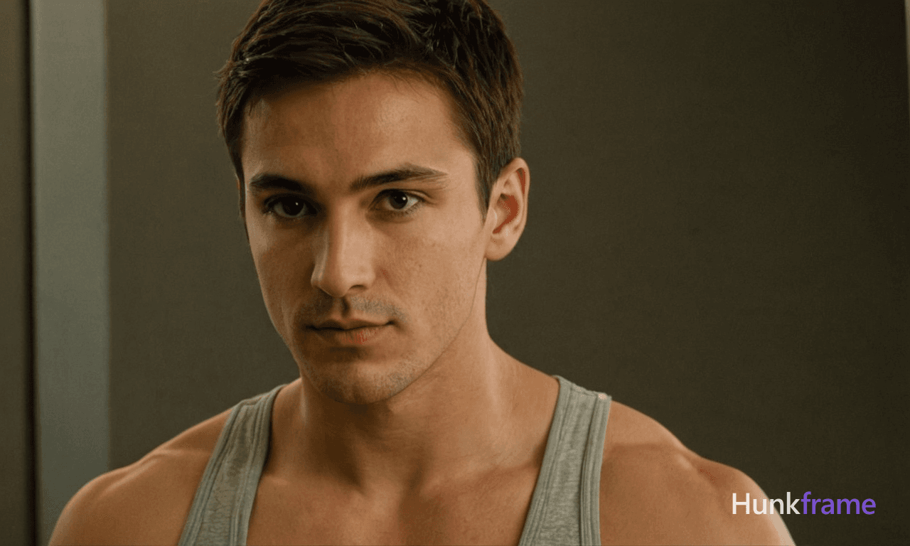 A shirtless man with short hair looking directly at the camera, broad shoulders and defined abs. The