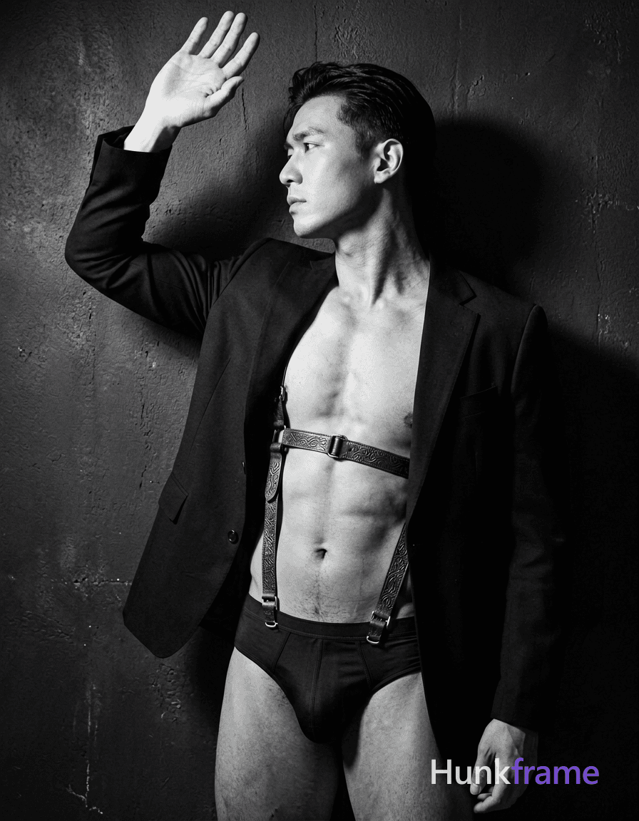 A handsome adult man with light to medium skin stands in profile against a dark textured wall, right