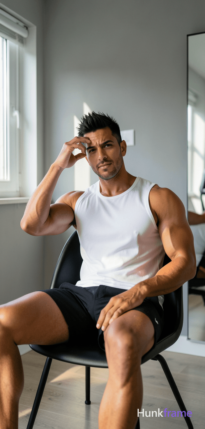 A candid lifestyle shot of a handsome adult man with tanned skin and short black spiky hair, seated 