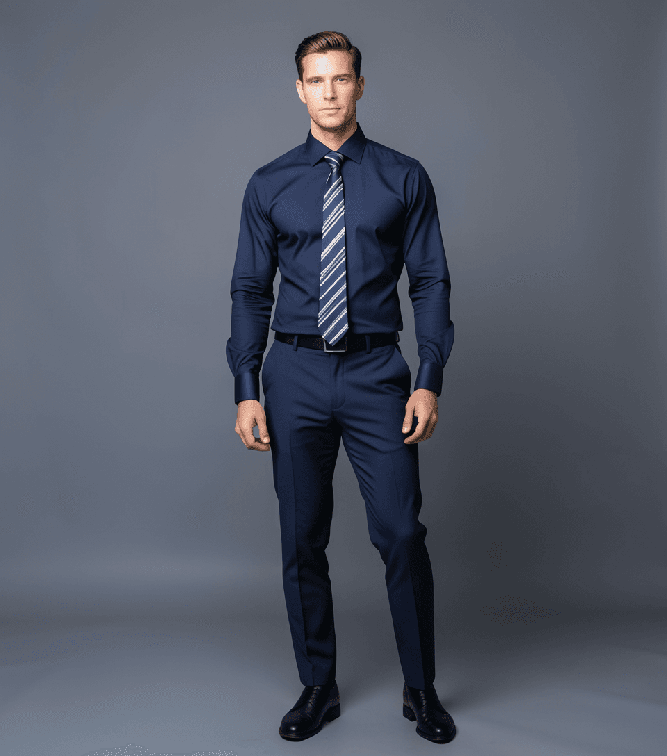 Vertical athletic portrait of a muscular adult man standing facing forward with hands relaxed at