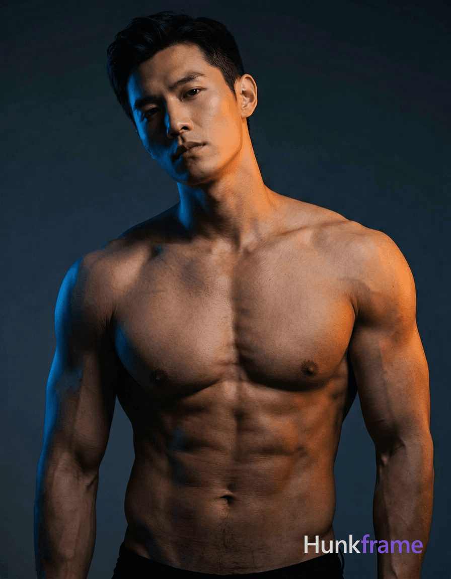 A handsome masculine male standing with his head slightly tilted to the side, shirtless and showcasi