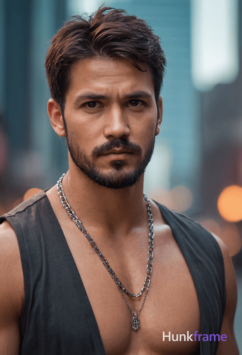 digital painting of a handsome masculine man with short dark messy hair, beard and mustache, serious