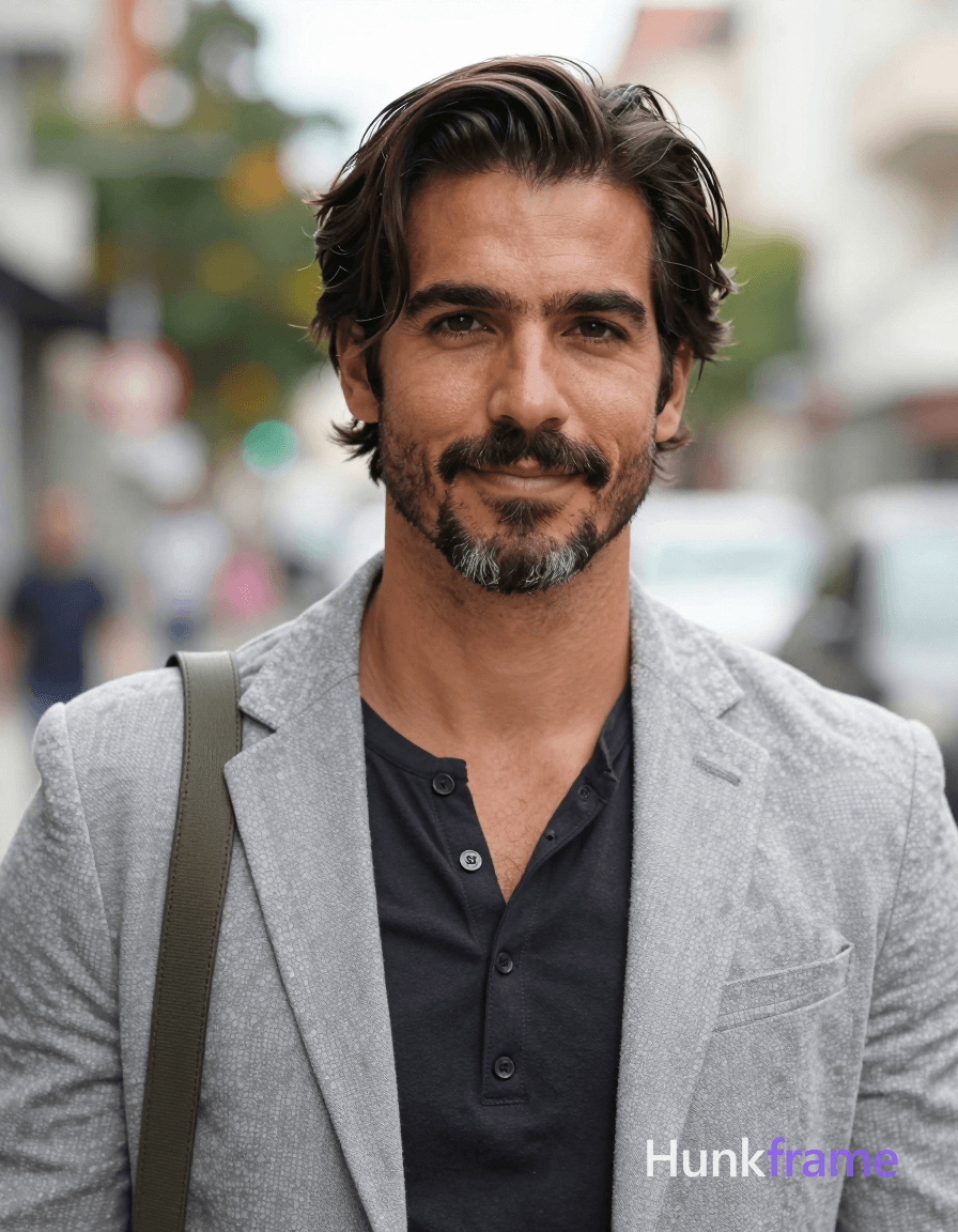 A handsome adult man with medium-tan skin and dark brown hair featuring side-swept bangs stands in a
