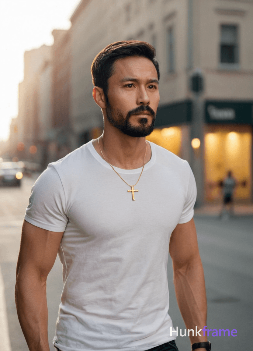 A Chinese man with light tan skin and high cheekbones stands on a bustling city street corner at sun
