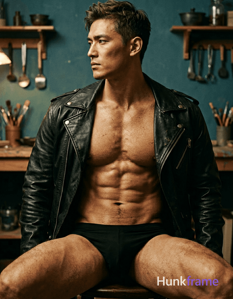 A photorealistic photograph of a handsome man seated with a torso-only crop. He is shirtless and wea