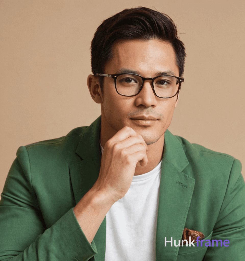 A stylish and artistic portrait of a handsome man with glasses, seated and holding them near his fac