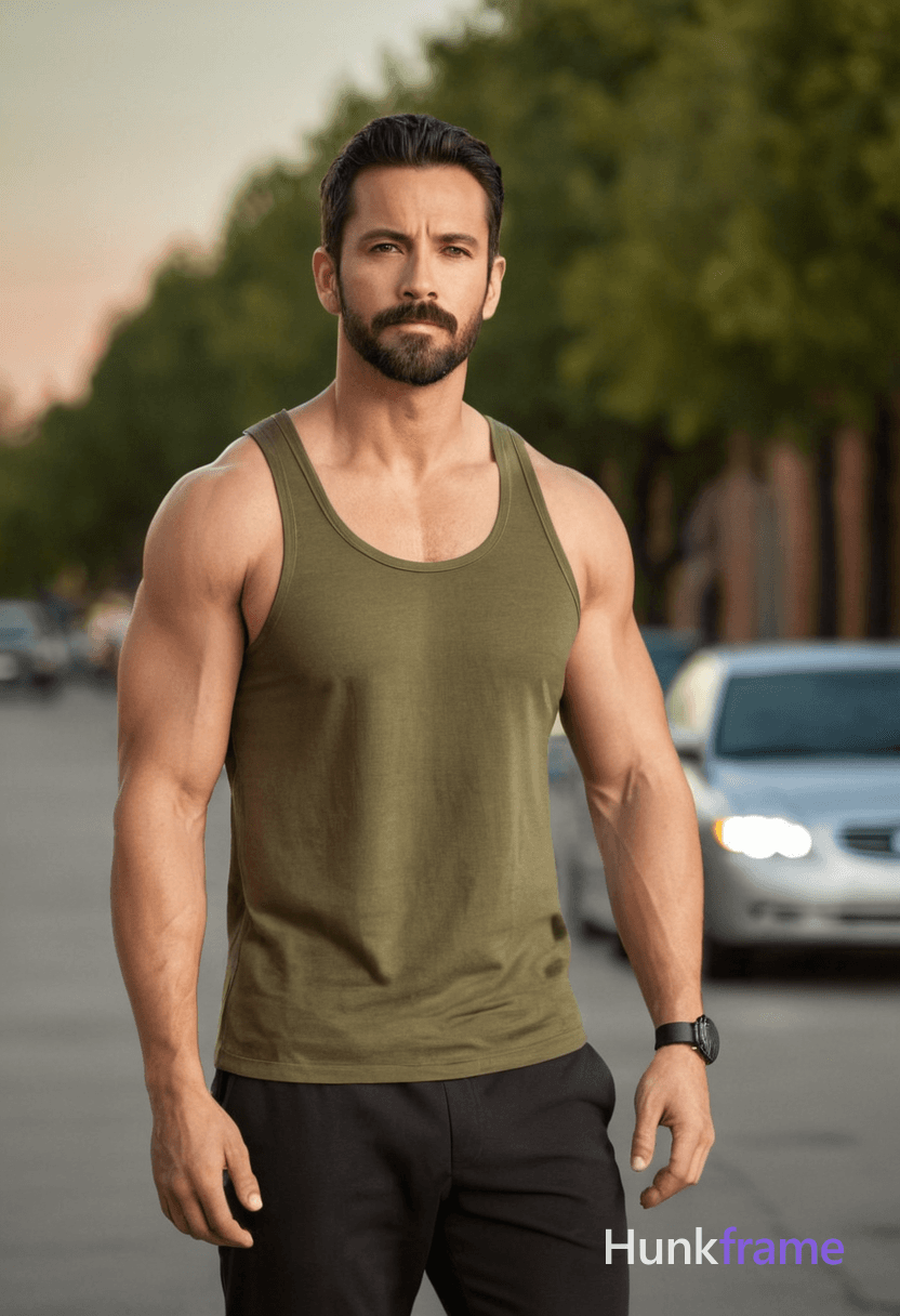A handsome man stands on a city street during sunset with soft, warm light casting long shadows. The