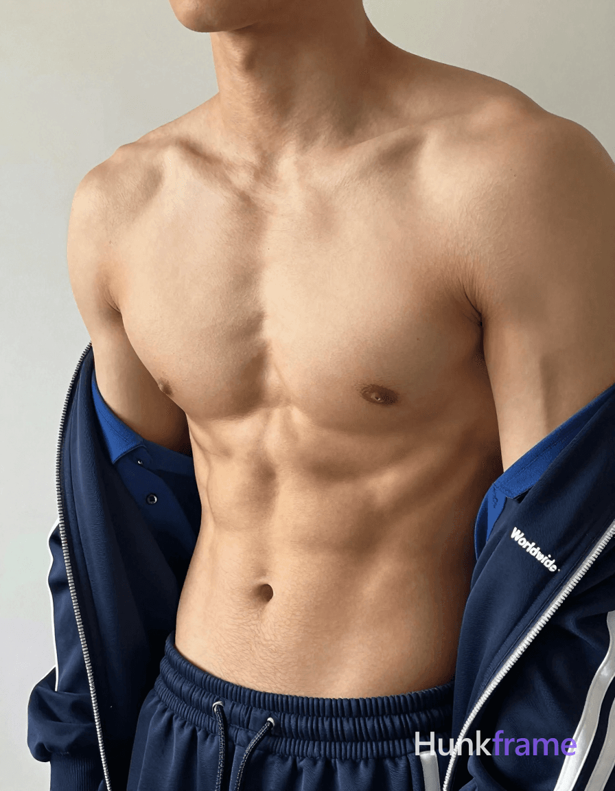 Photoreal photograph of a shirtless man with broad shoulders and defined abs. He is wearing a blue c
