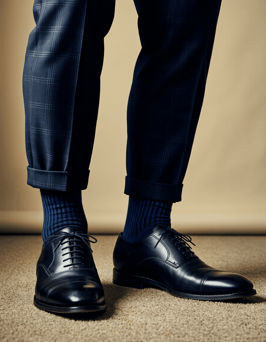 High-angle athletic photography close-up of a muscular adult man's lower legs and feet planted firmly on carpeted floor. He wears dark navy trousers with subtle check pattern, cuffed hems revealing dark blue striped socks, and black leather cap-toe brogue dress shoes. Dramatic directional light highlights defined calf muscles and shoe contours against the beige background. Centered vertical crop excludes head to focus entirely on strength training anatomy and high-detail footwear., a single uninterrupted photograph only, no written words or typography anywhere in frame, no captions, no app UI, no social-media post layout, no screenshot borders
