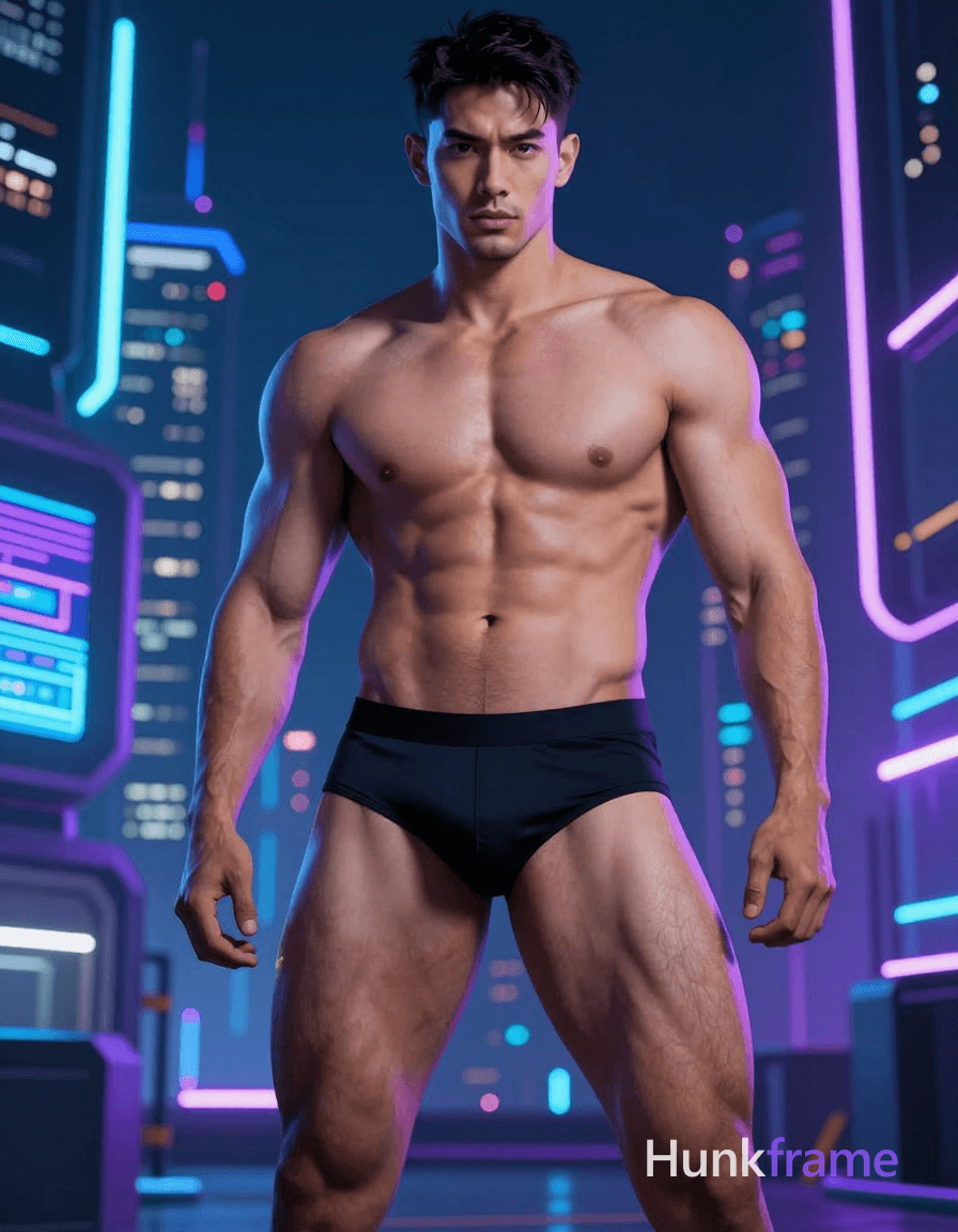 A handsome masculine man standing shirtless in a neon-lit cyberpunk cityscape, illuminated by vibran