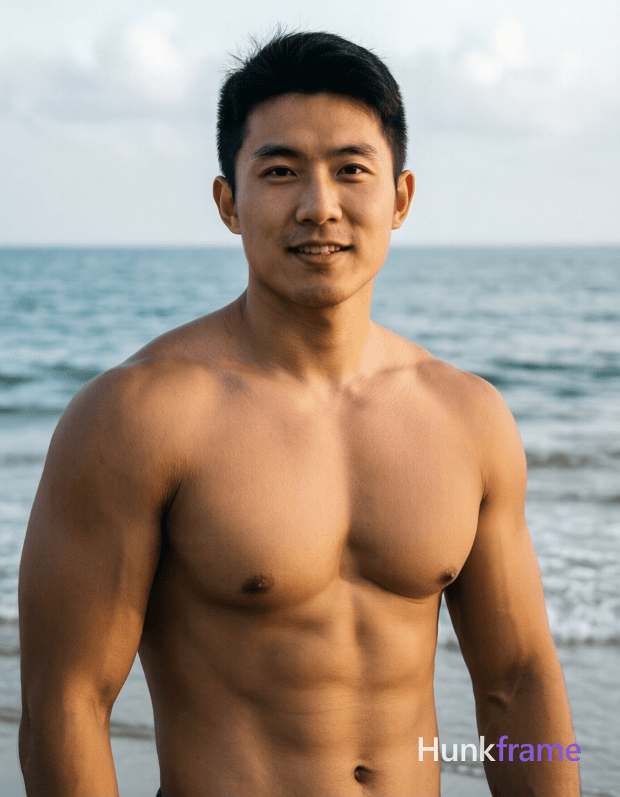 Photoreal photograph of a shirtless Asian man with defined abs and compact athletic build. The image