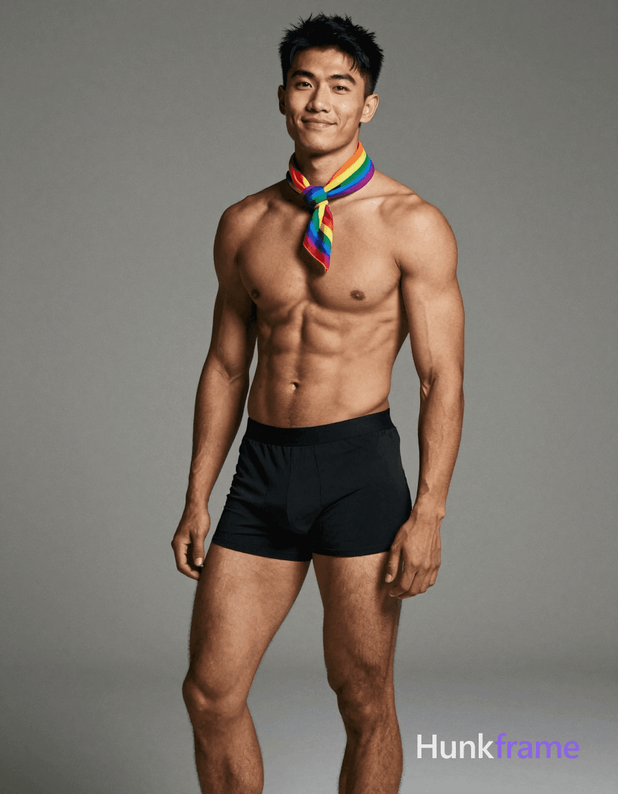an anonymous figure man with medium brown skin, thick brows, and a gymnast lean muscle physique stan