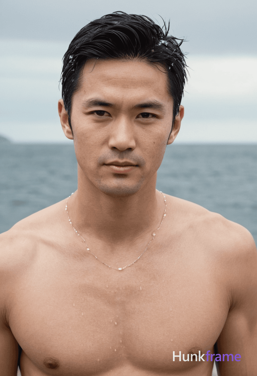 A Japanese man with soft masculine features and straight black hair stands on a rocky shoreline at m