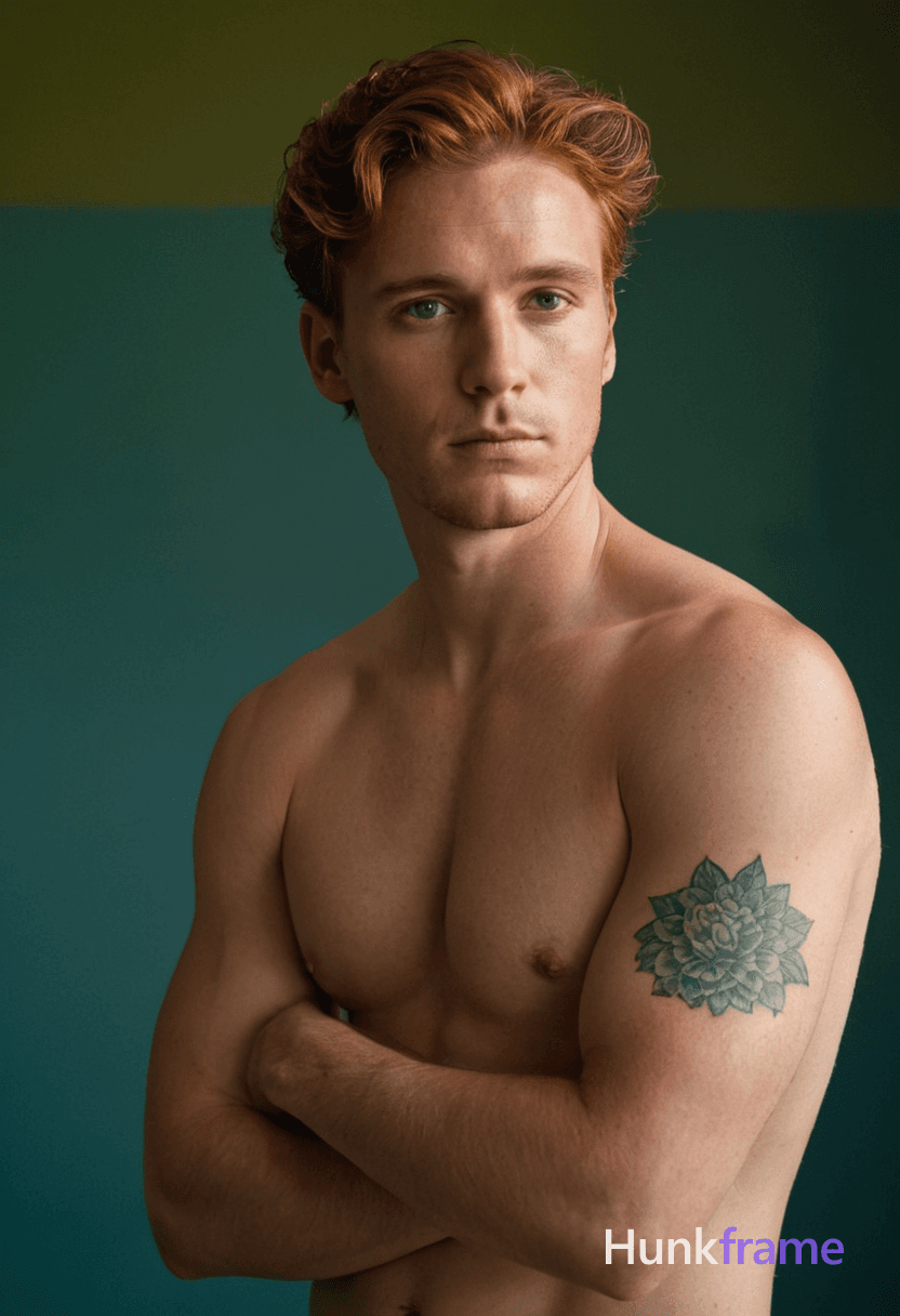 A shirtless man with wavy brown hair and visible tattoos stands in a dimly lit room with muted green
