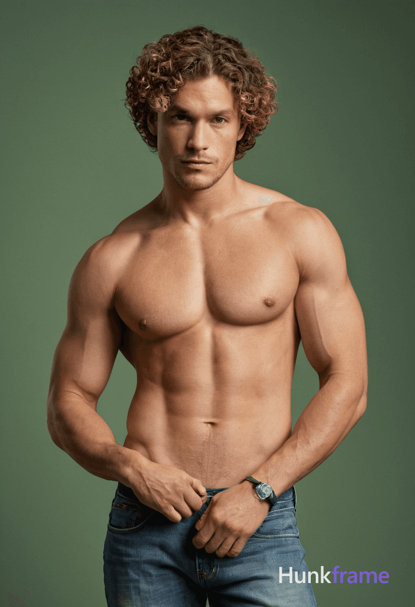 A muscular man with curly hair stands against a plain grayish-green wall during golden hour, shirtle