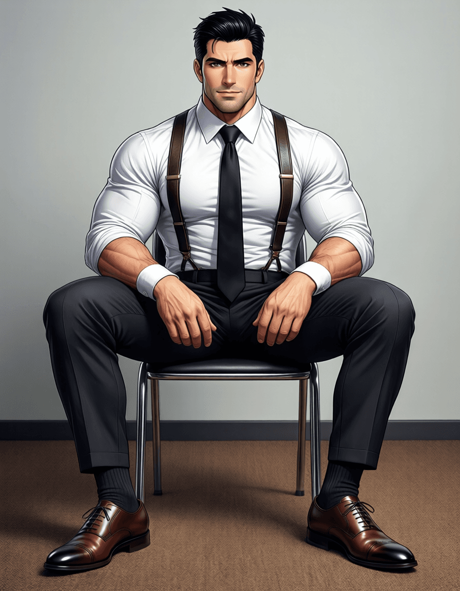 A muscular adult man with light-medium skin and short black hair sits on a metal-framed chair, l