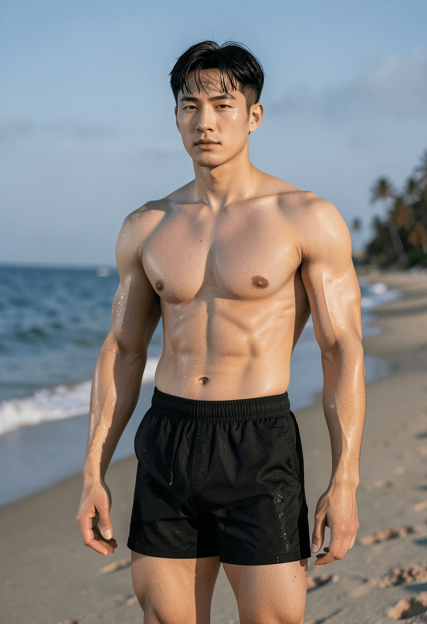 freshly generated candid Xiaohongshu lifestyle photo, brand new full-body composition with a different pose, camera angle and background, both hands relaxed, not a mirror selfie, not a copy of any reference image, shirtless, black swim trunks with elastic waistband and side pockets, sculpted back muscles, defined latissimus dorsi, broad shoulders, thick thighs, authentic social-feed lifestyle mood, reference lighting and color treatment: fine-art photography, dramatic natural lighting, sculpted physique focus, homoerotic aesthetic through athletic build and wet skin texture, same aesthetic theme and photo feel as the reference but a different man in a different pose with distinct body proportions, lean Korean man, sharp jaw, monolid eyes, slim swimmer build, natural black hair, a single uninterrupted photograph only, no written words or typography anywhere in frame, no captions, no app UI, no social-media post layout, no screenshot borders