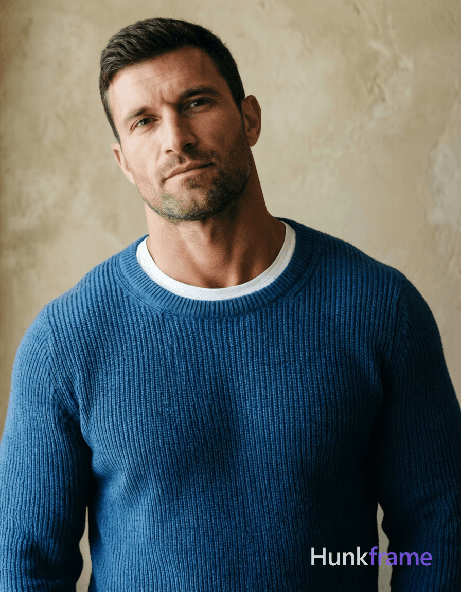 A handsome masculine man standing straight with head slightly tilted forward, wearing a blue rib