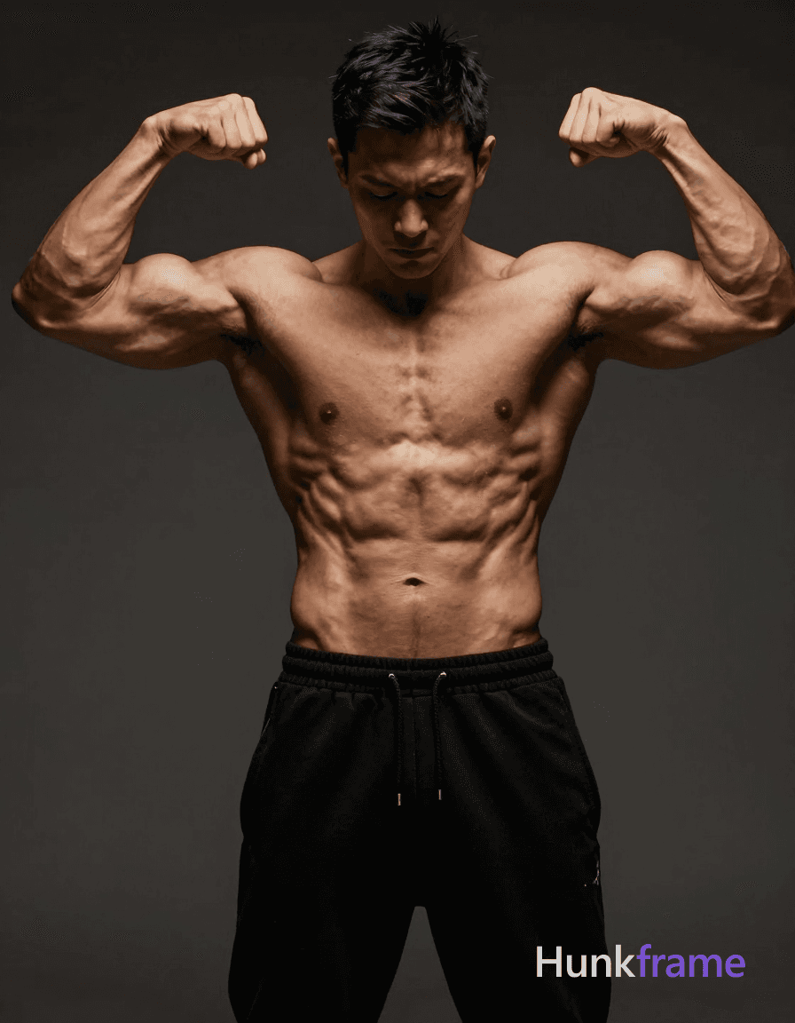 Photoreal photograph of a muscular, shirtless man flexing his arms with fists clenched, head slightl