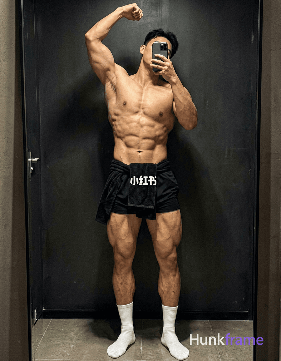photoreal photograph of a handsome muscular man with defined abs and thick thighs. He is shirtless,