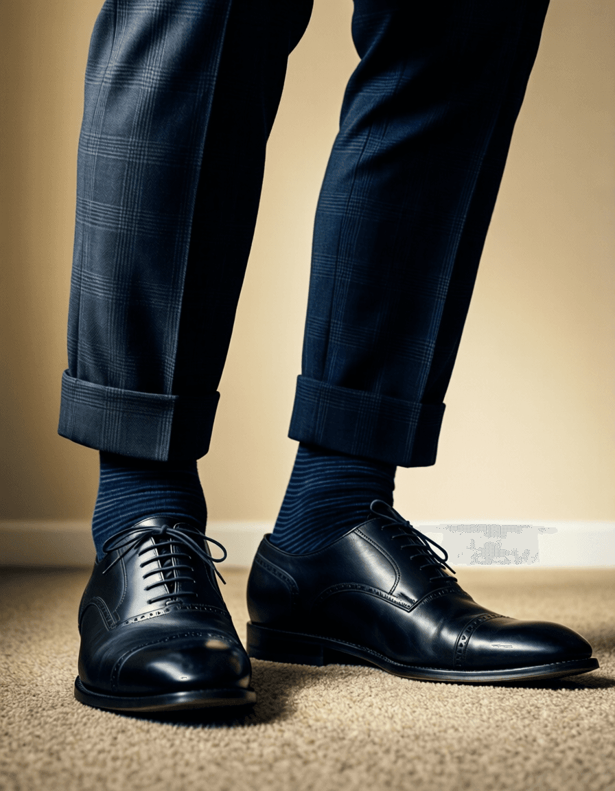 High-angle athletic photography close-up of a muscular adult man's lower legs and feet planted firmly on carpeted floor. He wears dark navy trousers with subtle check pattern, cuffed hems revealing dark blue striped socks, and black leather cap-toe brogue dress shoes. Dramatic directional light highlights defined calf muscles and shoe contours against the beige background. Centered vertical crop excludes head to focus entirely on strength training anatomy and high-detail footwear., a single uninterrupted photograph only, no written words or typography anywhere in frame, no captions, no app UI, no social-media post layout, no screenshot borders