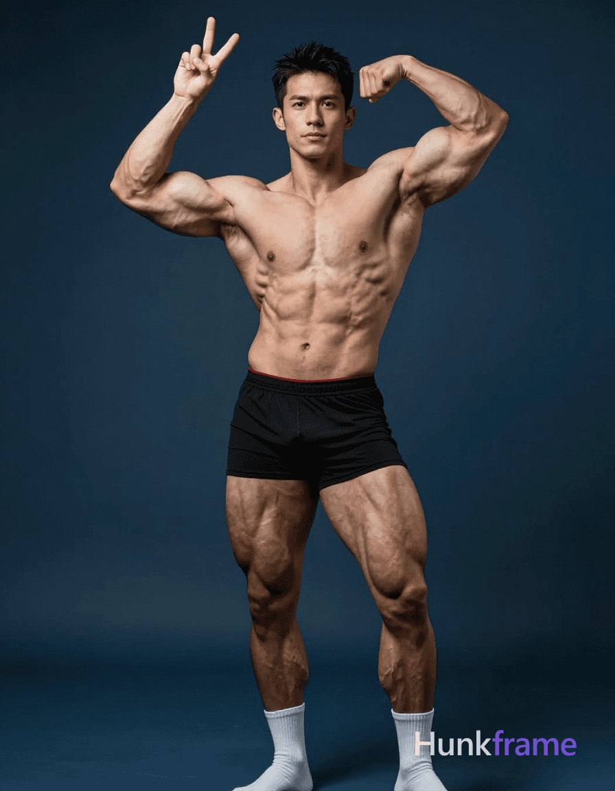 A handsome masculine man standing contrapposto with one arm raised and fingers forming a peace s