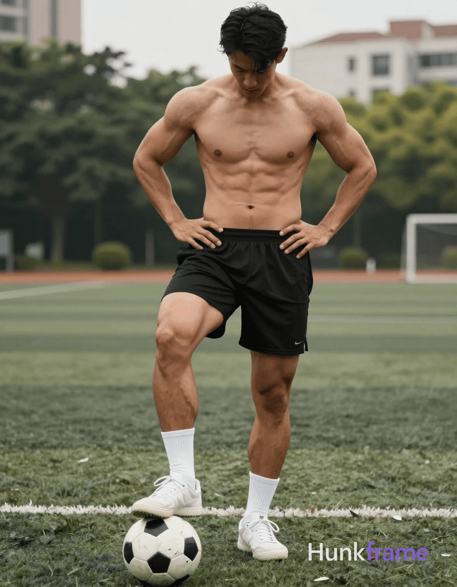 A shirtless muscular man standing on a soccer field with one foot on the ball, hands on his hips, to